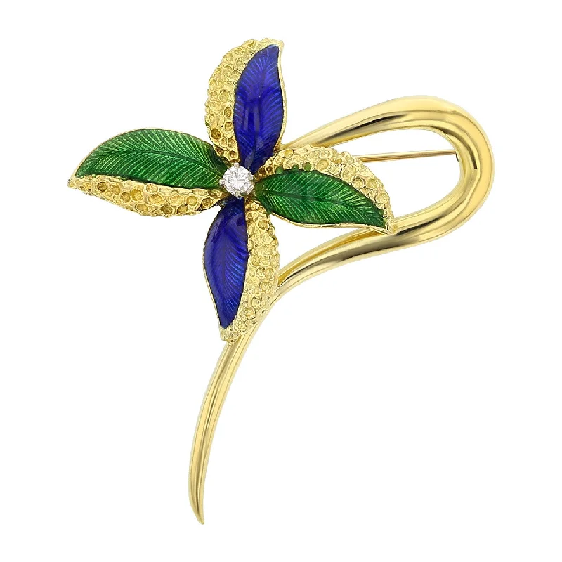 Women’s designer engagement ring-18K Yellow Gold Enamel Flower Pin with Diamond