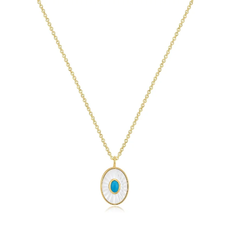 Women’s luxury necklace-Oval Shaped Mop Pendant With Turquoise Stone Necklace