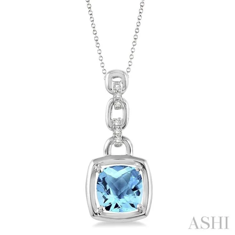 Women’s choker necklace-8x8MM Cushion Checker Blue Topaz and 1/20 Ctw Single Cut Diamond Pendant in Sterling Silver with Chain