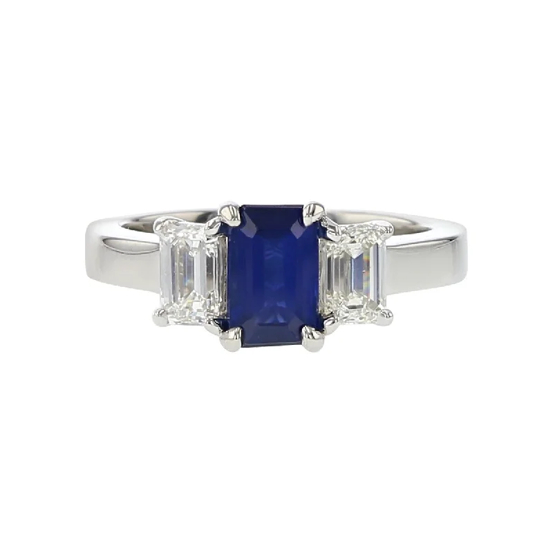 Women’s platinum three-stone engagement ring-Emerald-cut Sapphire and Diamond 3-Stone Ring