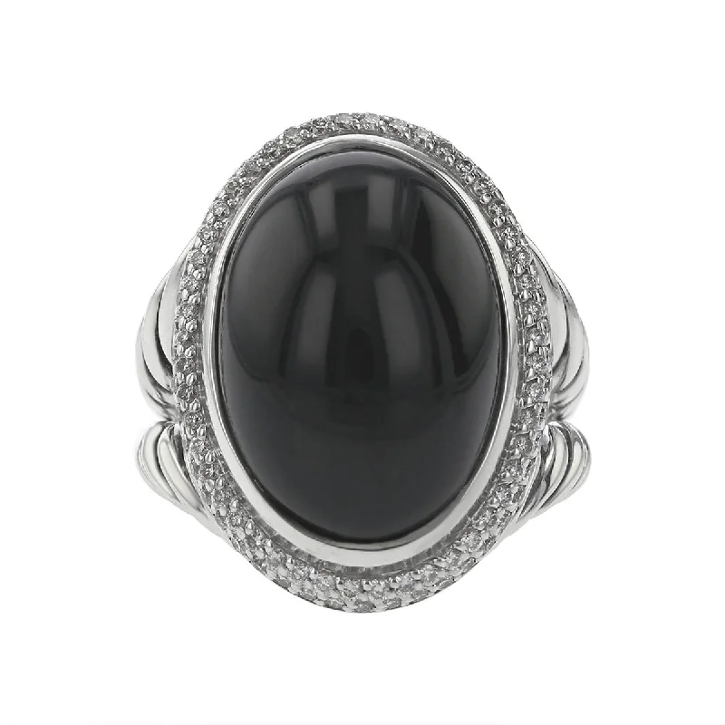 Women’s simple engagement ring-David Yurman Silver Onyx and Diamond Oval Ring