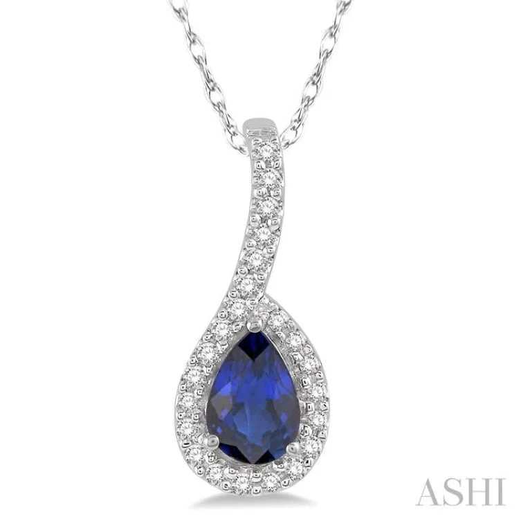 Women’s romantic necklace-1/8 Ctw Pear Shape 6x4mm Sapphire & Round Cut Diamond Precious Pendant in 10K White Gold