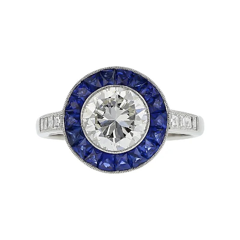 Women’s halo diamond engagement ring-Brilliant Diamond and French-cut Sapphire Halo Ring