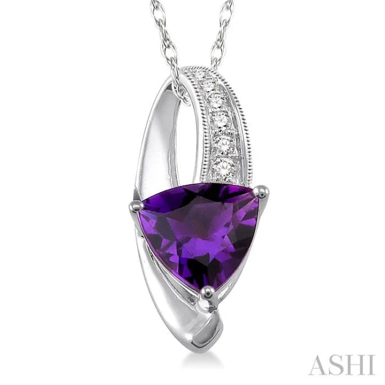 Women’s coin necklace-8x8mm Trillion Cut Amethyst and 1/20 Ctw Single Cut Diamond Pendant in 10K White Gold with Chain