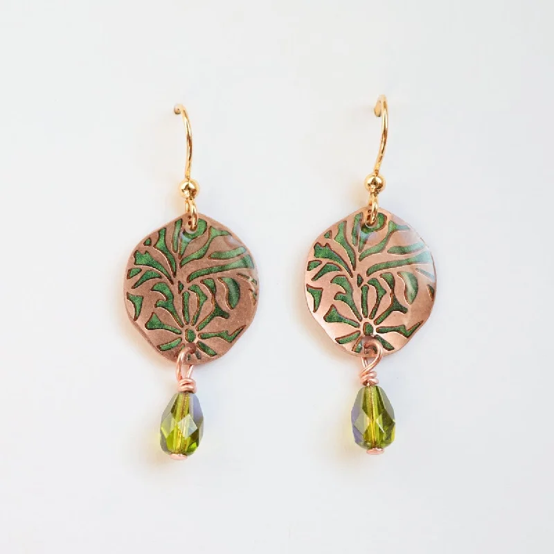 Women’s ruby earrings-Copper Flower Burst with Green Dangle Earrings