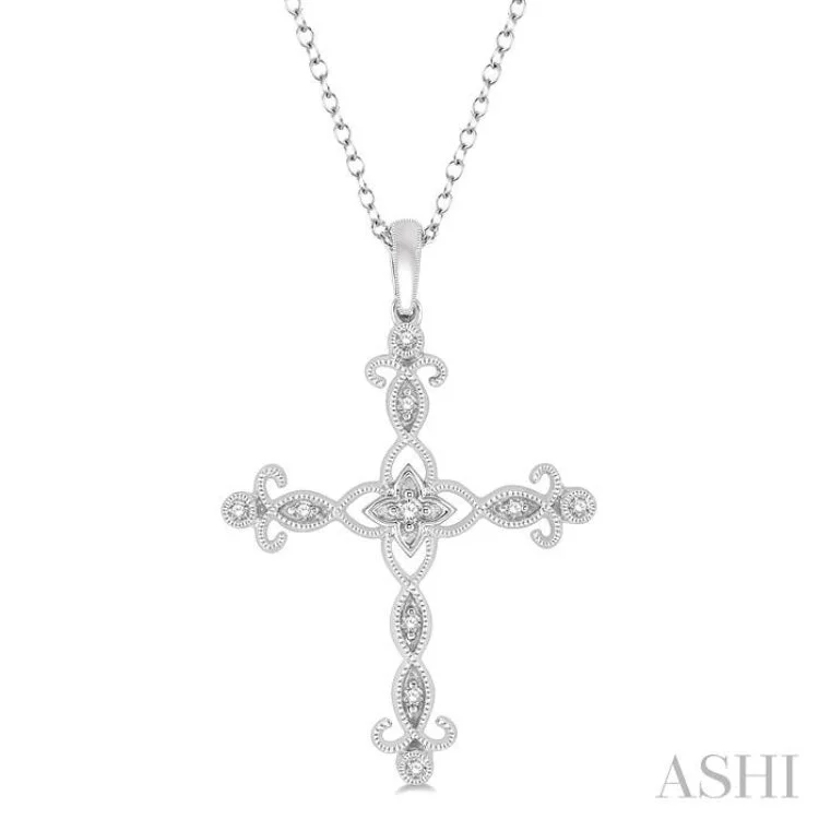 Women’s engraved necklace-1/10 Ctw Marquise & Floral Lattice Cross Round Cut Diamond Pendant With Link Chain in 10K White Gold