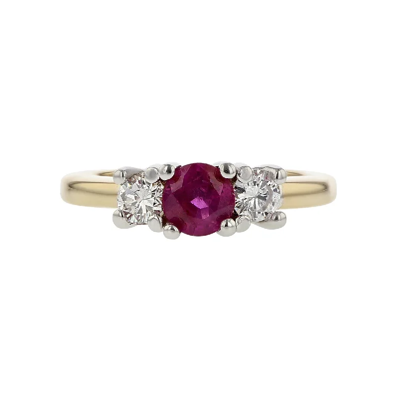 Women’s vintage-inspired diamond engagement ring-14K Yellow Gold Ruby and Diamond 3-Stone Ring