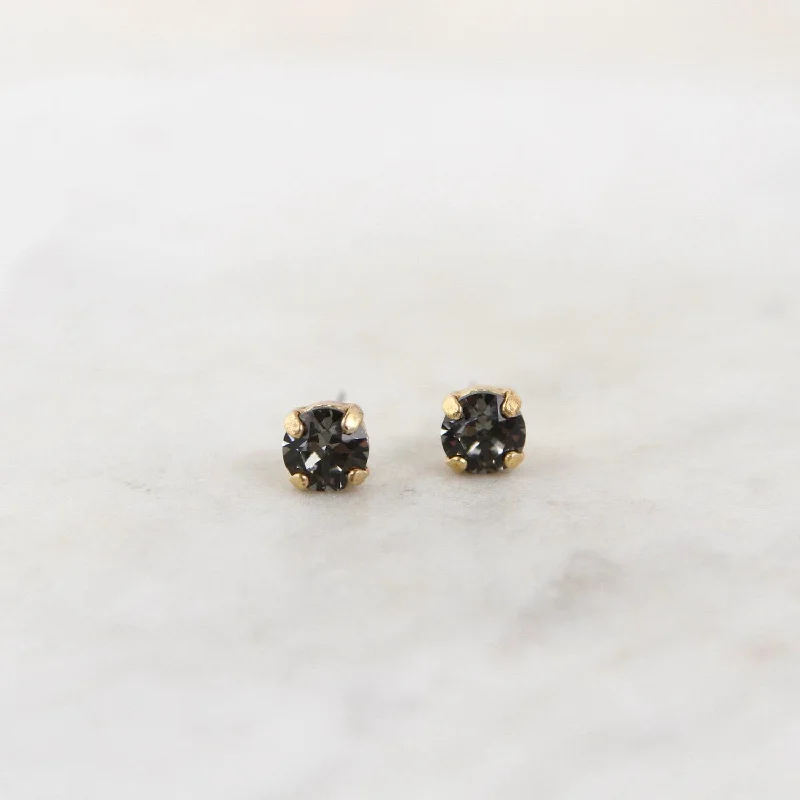 Women’s polished silver earrings-Round Black Diamond Post Earring- Gold Plate