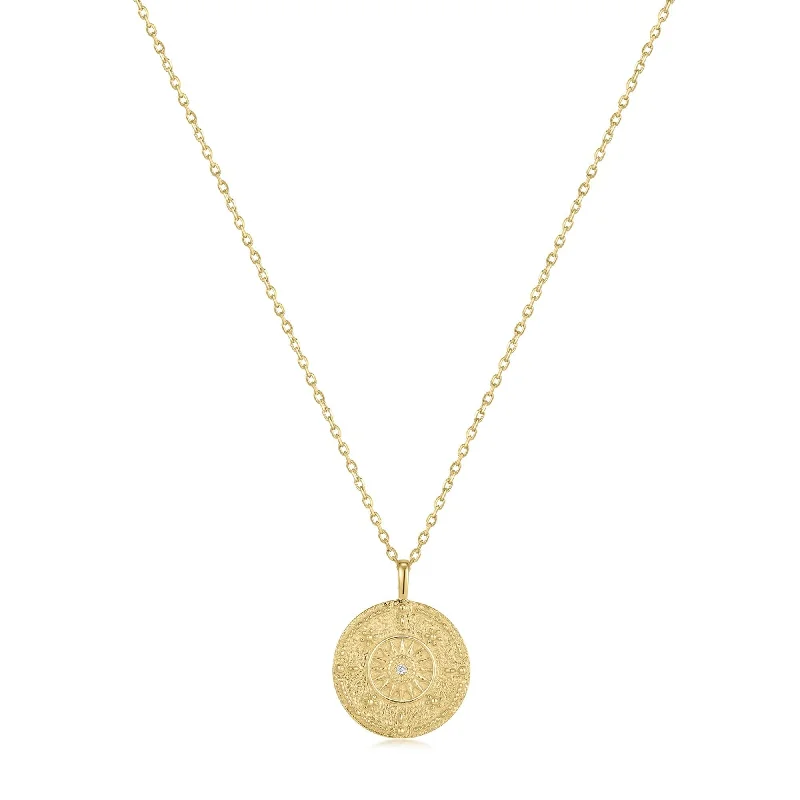 Women’s gold-plated necklace-Round Sun Pendant With Cz Center Stone Necklace