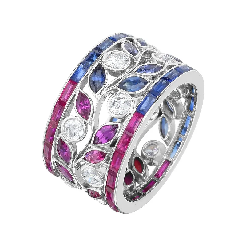 Women’s platinum three-stone engagement ring-Blue Sapphire, Ruby and Diamond Eternity Ring