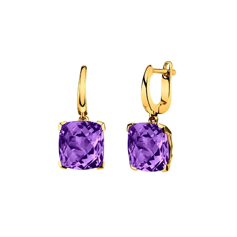 Women’s intricate design earrings-Cushion Amethyst Drop Earrings in 14K Yellow Gold