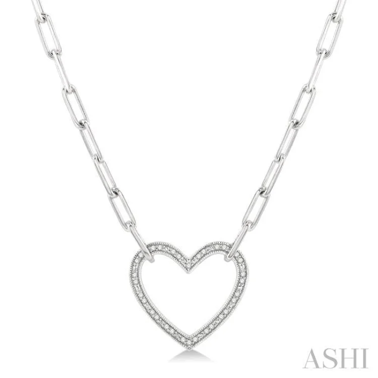 Women’s handmade necklace-1/10 Ctw Round Cut Diamond Heart Pendant With Paper Clip Chain in Sterling Silver