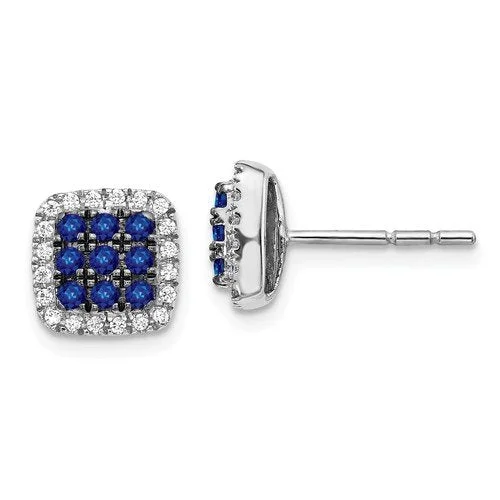 Women’s bridal earrings-14KT GOLD 0.48 CTW SAPPHIRE & 0.20 CTW DIAMOND SQUARE CLUSTER HALO EARRINGS