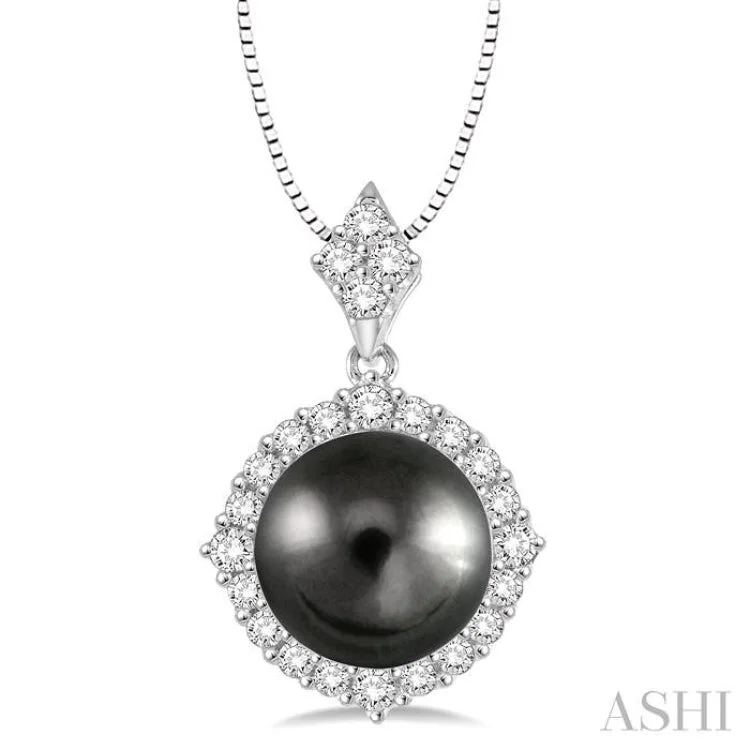 Women’s eternity necklace-10x10MM Black Cultured Pearl and 1/2 Ctw Round Cut Diamond Pendant in 14K White Gold with chain