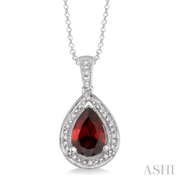 Women’s trendy necklace-10x7 MM Pear Shape Garnet and 1/20 Ctw Single Cut Diamond Pendant in Sterling Silver with chain