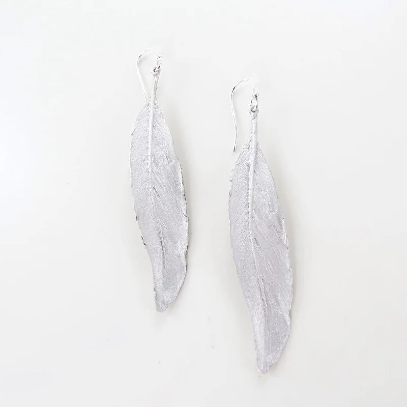 Women’s pearl drop earrings-Feather Silver Finish Linear Earrings