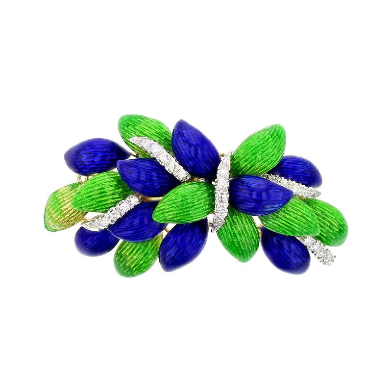 Women’s floral engagement ring-Blue and Green Enamel and Diamond Decorative Pin