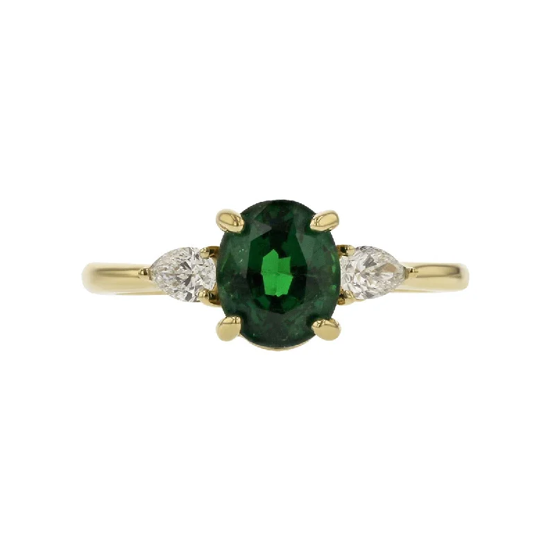 Women’s modern engagement ring-18K Gold Tsavorite and Diamond 3-Stone Ring