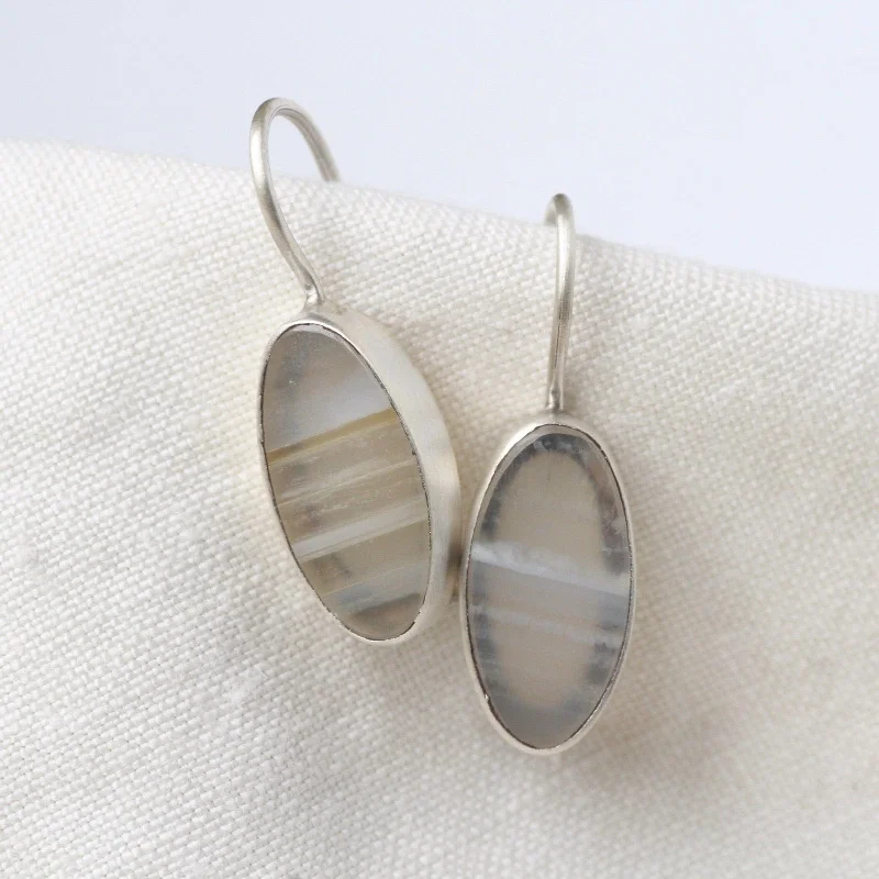 Women’s vintage stud earrings-Oval Flat White Agate Drop Earrings