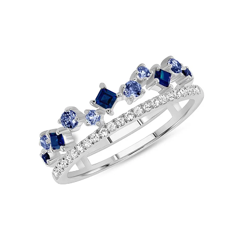 Women’s unique three-stone engagement ring-Blue Sapphire and Diamond Band