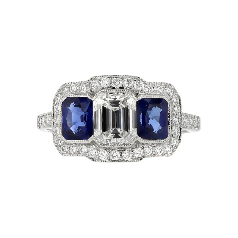 Women’s antique-style engagement ring-Emerald-Cut Diamond and Sapphire Platinum Ring