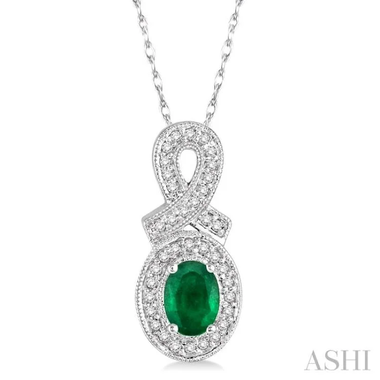 Women’s coin necklace-6x4 MM Oval Cut Emerald and 1/5 Ctw Round Cut Diamond Pendant in 10K White Gold with Chain