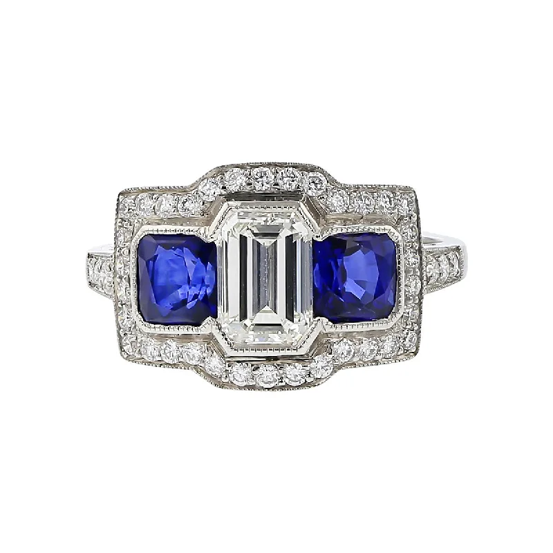 Women’s modern engagement ring-Emerald-cut Diamond and Emerald-cut Sapphire Ring