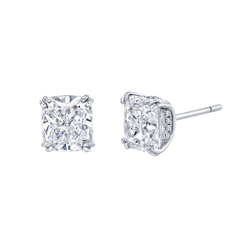 Women’s diamond-studded halo engagement ring-Cushion Diamond and Platinum Studs