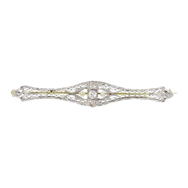 Women’s unique diamond engagement ring-Art Deco Old Mine Cut Diamond and Pearl Filigree Pin