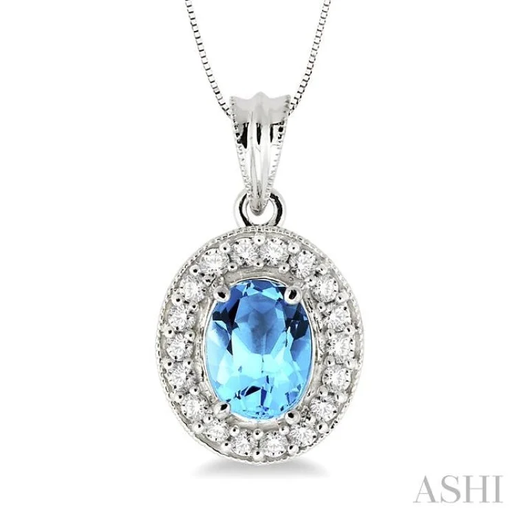 Women’s rose gold pendant necklace-8x6mm Oval Cut Blue Topaz and 1/3 Ctw Round Cut Diamond Pendant in 14K White Gold with Chain