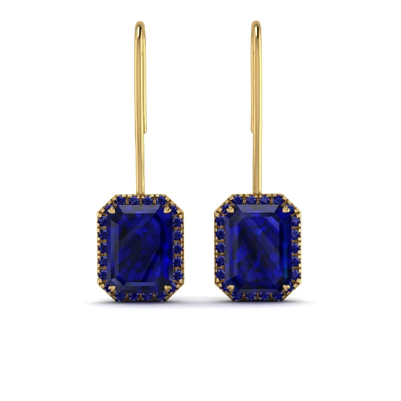 Women’s gemstone earrings-Halo Emerald Cut Sapphire Earrings - Izabella No. 73