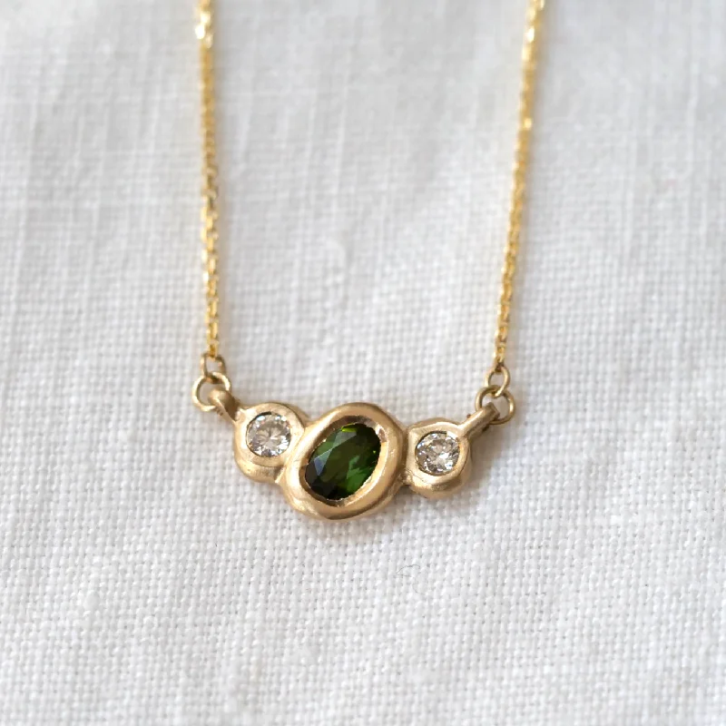 Women’s rose gold necklace-Oval Three Stone Necklace - Tourmaline and Diamond