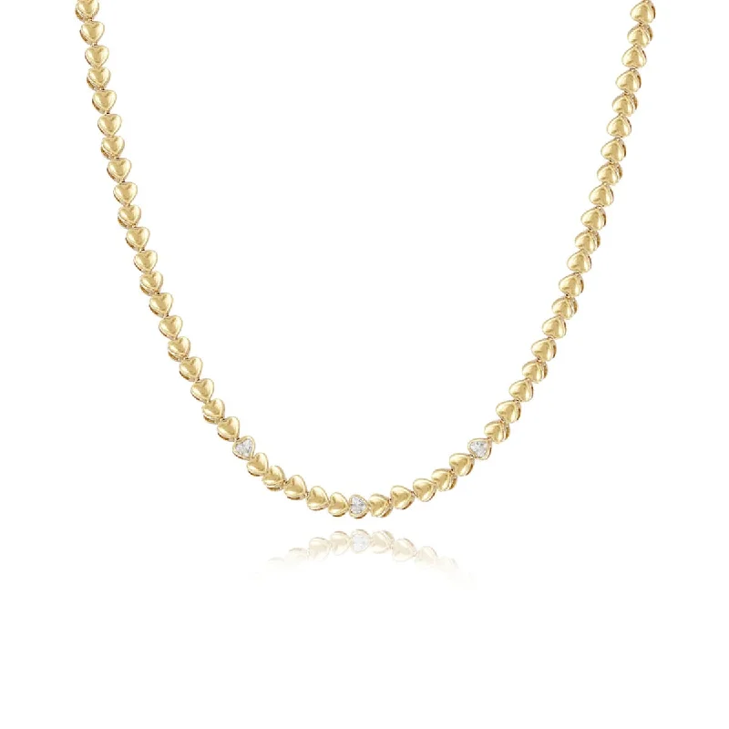 Women’s crystal pendant necklace-Golden Diamond Heart Tennis Necklace/3 Diamond Hearts