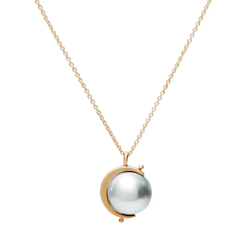 Women’s lotus flower necklace-<!--NK205-->sliver moon+pearl necklace