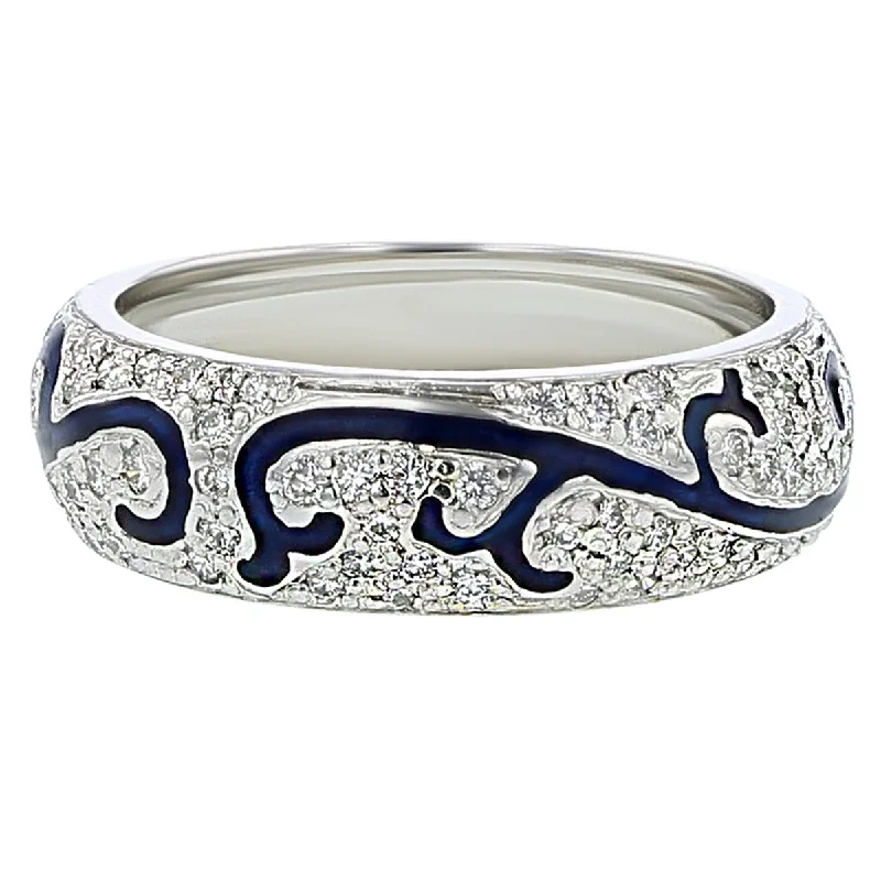 Women’s modern solitaire engagement ring-18K White Gold Diamond and Blue Enamel Band