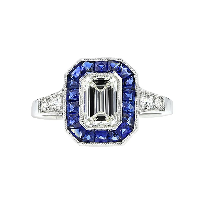 Women’s emerald engagement ring-1.01 Carat Emerald-Cut Diamond and Sapphire Ring