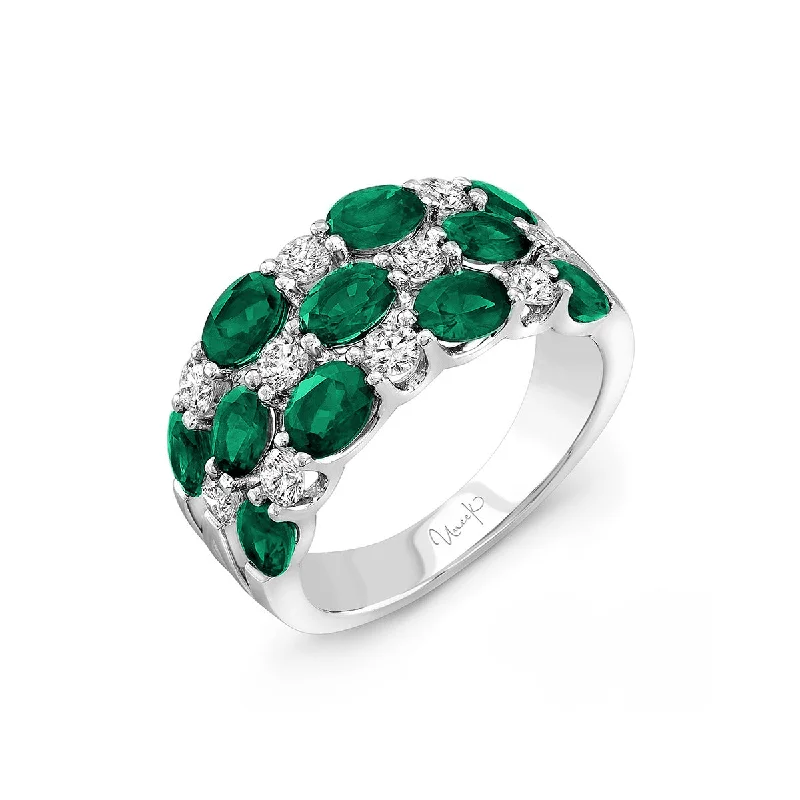 Women’s platinum eternity engagement ring-3-Row Oval Emerald and Round Diamond Band