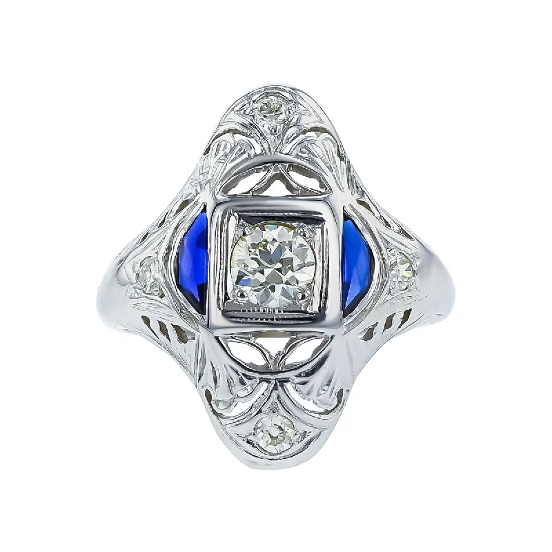 Women’s princess-cut engagement ring-Art Deco 18K White Gold Diamond and Sapphire Ring