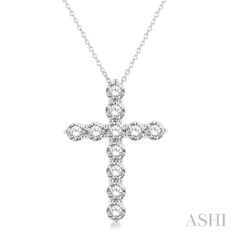 Women’s rose quartz necklace-3 ctw Round Cut Diamond Cross Pendant in 14K White Gold with Chain