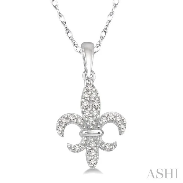 Women’s designer necklace-1/10 Ctw Fleur De Lis Round Cut Diamond Pendant in 10K White Gold with chain