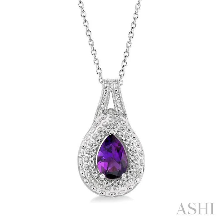 Women’s lotus flower necklace-1/20 Ctw Round Cut Diamond & 9x6MM Pear Cut Amethyst Semi Precious Pendant With Chain in Sterling Silver