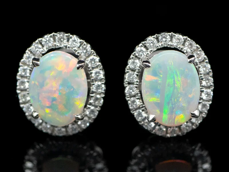 Women’s casual earrings-Sparkling Opal and Diamond Halo Stud Earrings