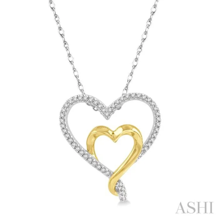 Women’s engraved necklace-1/6 Ctw Two Tone Twin Heart Round Cut Diamond Pendant With Chain in 10K White and Yellow Gold