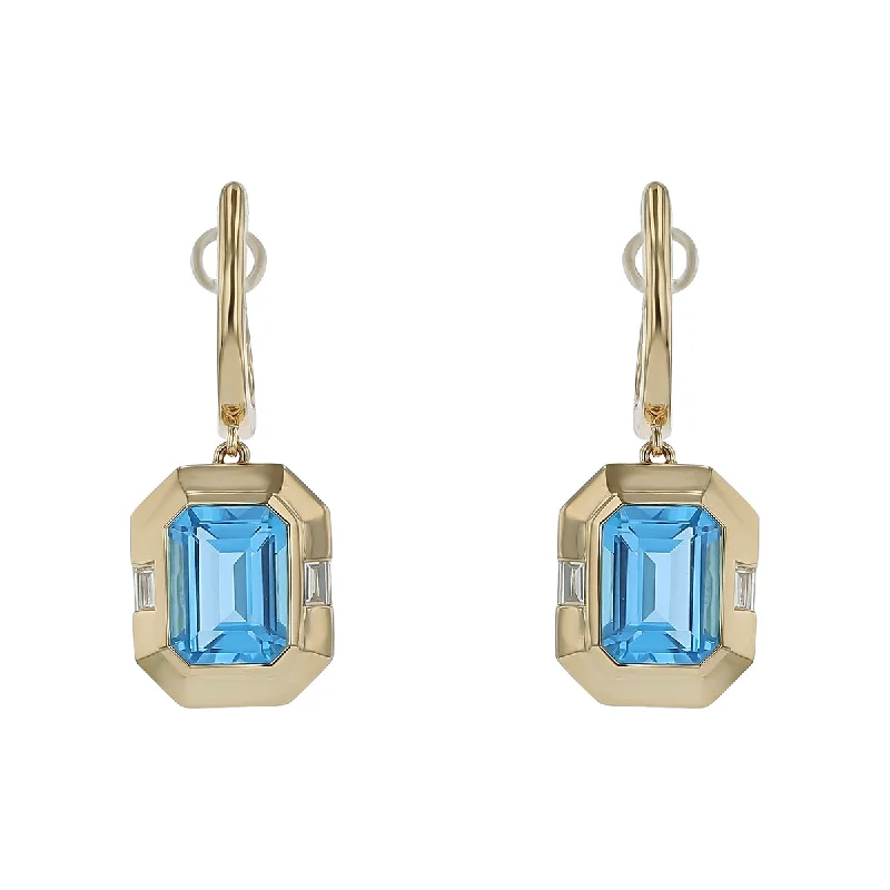 Women’s luxury pearl earrings-Blue Topaz and Emerald Cut Diamond Drop Earrings in 14K Yellow Gold