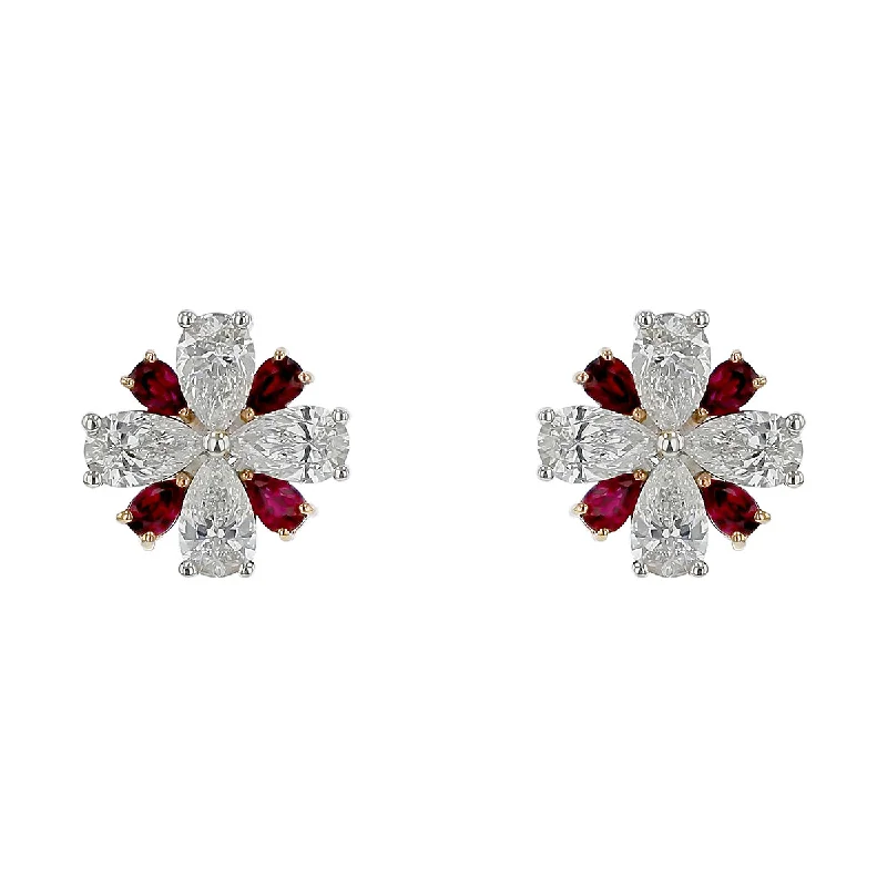 Women’s boho earrings-Scallop Jubilee Pear Shape Ruby and Diamond Earrings in 18K White Gold