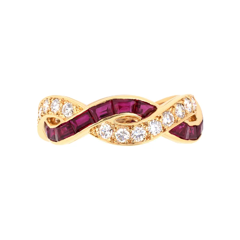 Women’s engagement ring with a diamond band-18K Gold Ruby and Diamond Woven Eternity Ring