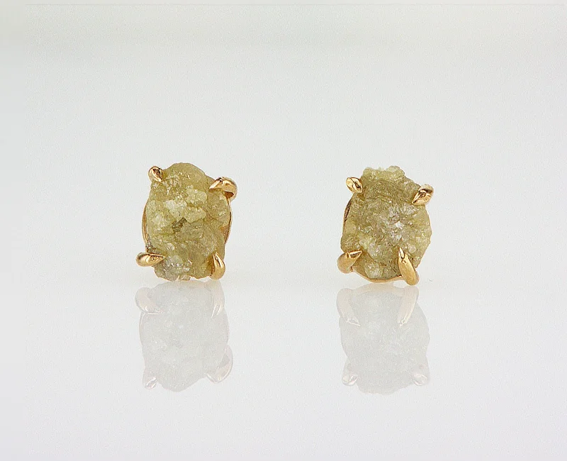 Women’s round stud earrings-Natural Yellow Rough Diamonds 1.75 carat. Yellow gold earring