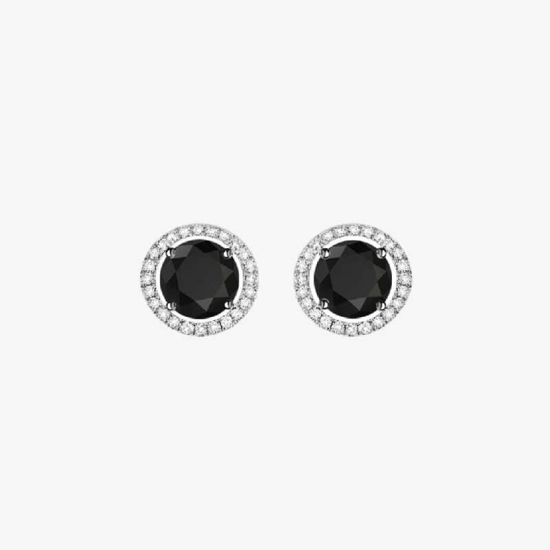 Women’s gemstone drop earrings-Black and White Diamonds. Halo Gold Stud Earrings