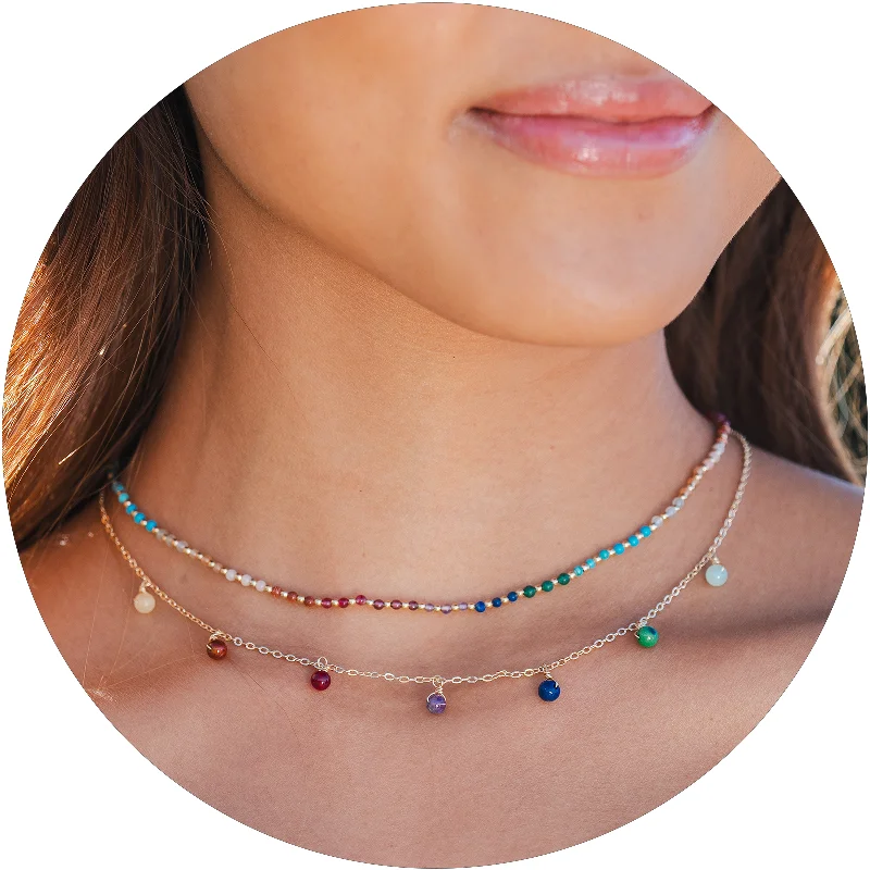 Women’s layered gold necklace-Divine Healer 2mm + Dewdrop Necklace Stack