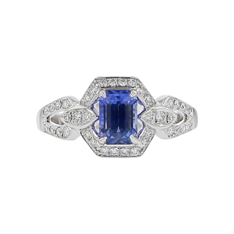 Women’s emerald-cut engagement ring-14K White Gold Sapphire and Diamond Halo Ring